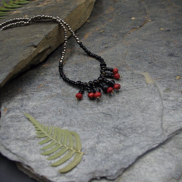 Black and Red Beaded Fringe Statement Necklace with Czech Crystal and Handmade B - Picture 5 of 5